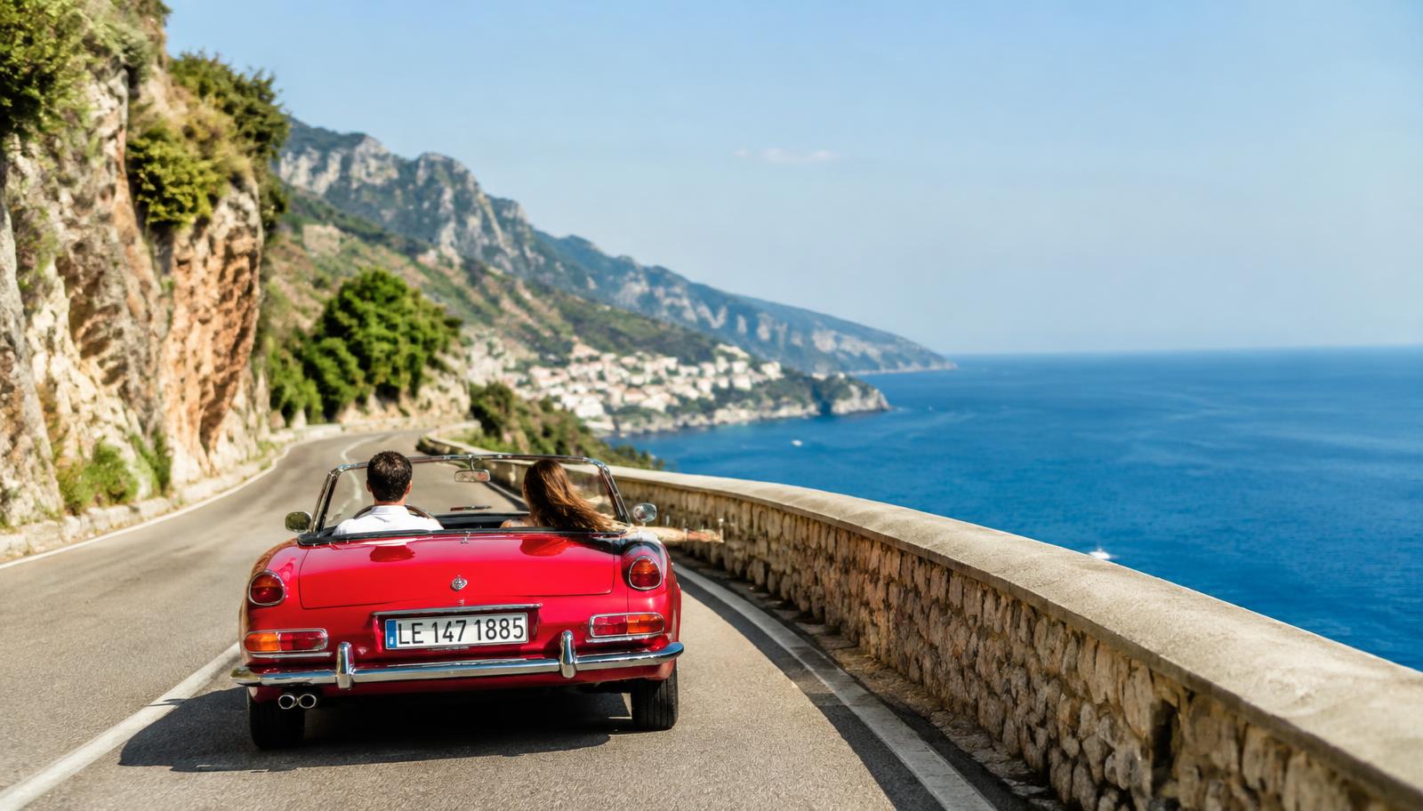 Cabrio auf einer Küstenstraße am Meer